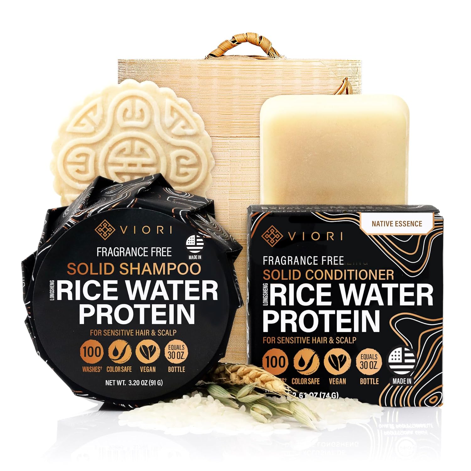 Viori Native Essence Shampoo & Conditioner Bar Set | Handcrafted Rice Water Formula for Hair Growth - Bamboo Holder Included