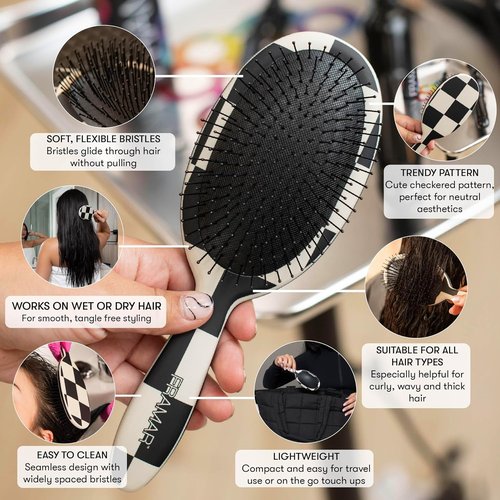 FRAMAR Checkered Print Hair Brush - Detangling Wet Hair Brush for Women | Black and White Design