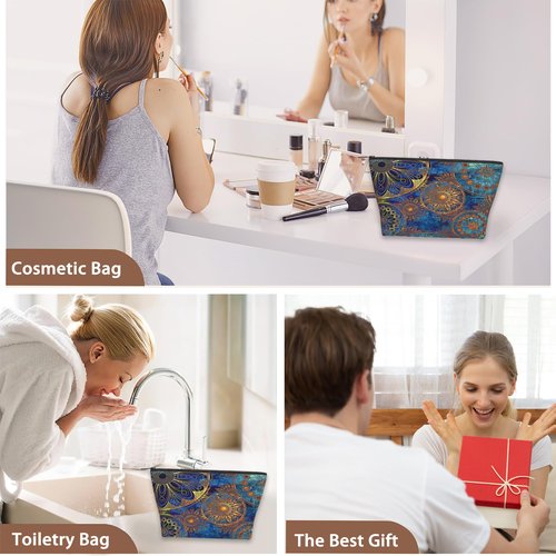 Makeup Bag Blue Gold Mandala Cosmetic Bags for Women Mini Portable Boho Flower Travel Toiletry Bag Organizer Make up Brushes Aesthetic Accessories Waterproof Storage Bags