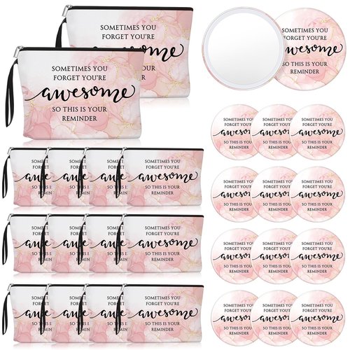 Beeveer 15 Sets Pink Thank You Gifts for Women, Inspirational Gifts Bulk for Female Client Teacher Employee Coworker, Sometimes You Forget You're Awesome Makeup Bags and Compact Mirrors for Party