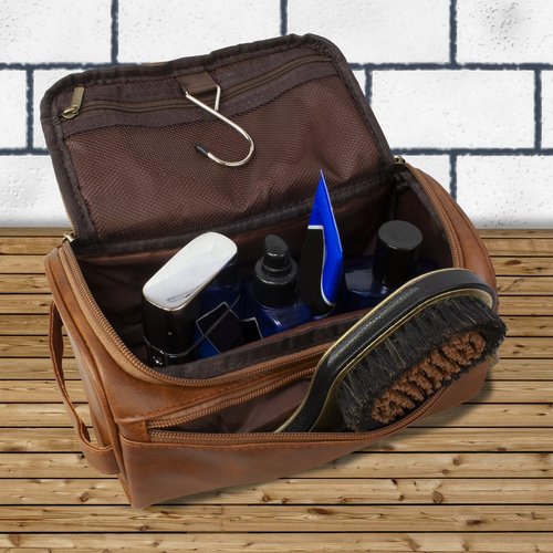 Eurow Luxe Mens 3 Compartment Faux Leather Toiletry Bag With Metal Hanging Hook & Handstrap For Travel, Organize Bath Supplies, Grooming & Shaving Kits, Personal Hygiene, Travel Essentials, Brown