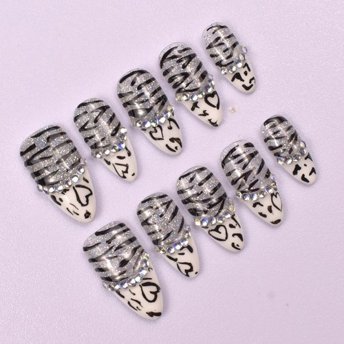 Handmade Nails Press On Medium Almond Reusable Unique Fake Nails, Artistic Design, Thick Acrylic and Muti-Layer Gel False Nails Stick On, Size M