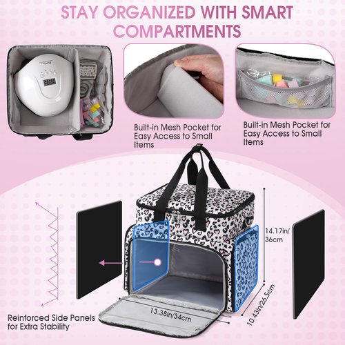DERSTUEWE Nail Polish Organizer Case – Waterproof Travel Bag with Hard Bottom – Double Layer Nail Storage Bag with Adjustable Dividers & Nail Lamp Compartment (Multi Print)