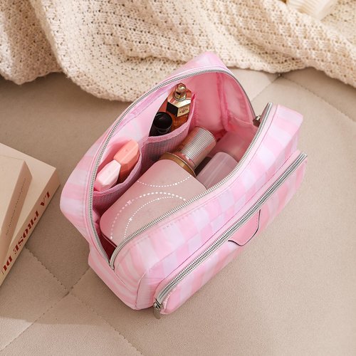 RSRSLEII Waterproof Travel Makeup Bag, Aesthetic Nylon Striped Cosmetic Bag，Coquette Traveling Toiletry Bag With Zipper, Cosmetic Pouch for Women Purse, Ideal for Women and Girls(02 Compartments)