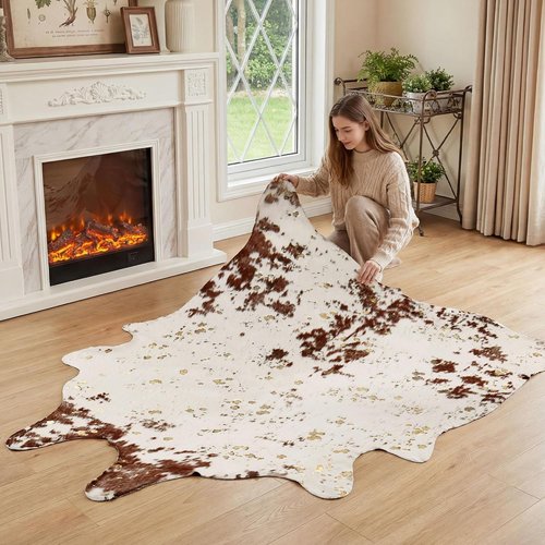 JONIYEAR Faux Cowhide Area Rug - Large 4.9 x 6.56 Feet | Premium Brown & Gold Print for Living Room & Bedroom Decor
