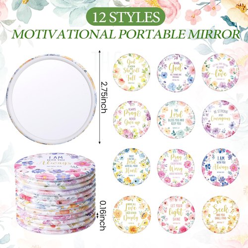 Geelin 24 Pcs Christian Gifts Bulk for Women 12 Floral Religious Canvas Makeup Bags 12 Bible Verse Compact Mirrors Inspirational Church Party Gifts for Women Mother Sister