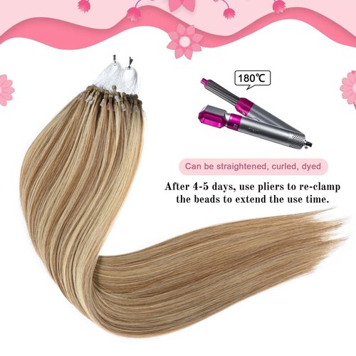 Kpvxxve Micro Ring Hair Extensions Human Hair Micro Loop Human Hair Extensions 1g/Strand 50g Natural Hair Micro Bead Hair Extension (#8/613 Ash Brown Mix Bleach Blonde, 16inch)
