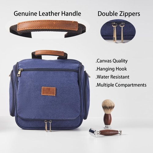 AGDHERSNVX Canvas Toiletry Bag for Men Shaving Dopp Kit Bulk Travel Hanging Makeup Organizer with Sturdy Metal Hook Portable Cosmetic Bag for Women with Large Capacity Blue