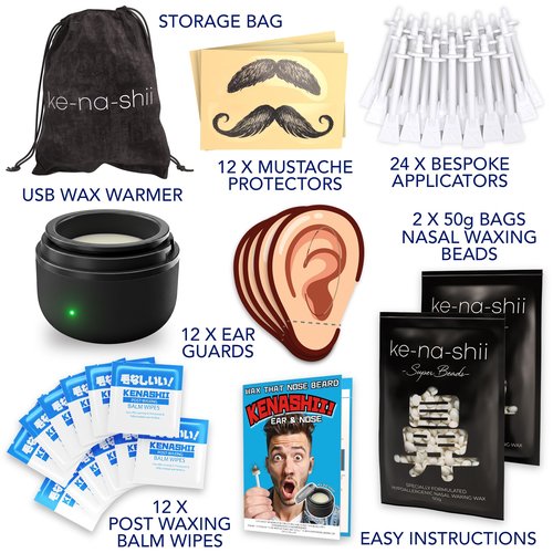 Kenashii Ear & Nose Waxing Kit, Wax Warmer Set, 100g Wax, 24 Professional Applicators, No Microwave Required, Effective Nose and Ear Hair Removal For Men and Women, 12 Balm Wipes, Storage Bag