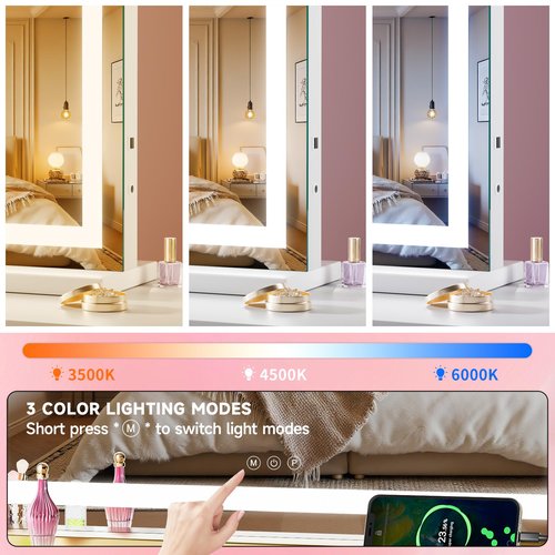 Batuso Vanity Mirror with Lights, 32" x 22" LED Makeup Mirror with 10X Magnification, Dimmable 3 Modes, Memory Function, Smart Touch, USB Charging Port, Lighted Makeup Mirror Square White