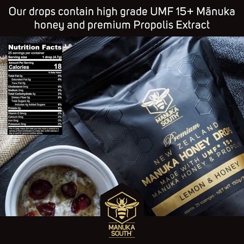 Manuka Health Manuka Honey Drops UMF 15+ | Soothing Natural Drops with Propolis - Lemon & Honey Flavor - 25 Drops