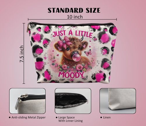 Uinwk Hot Pink Leopard Highland Cow Makeup Bag, Gifts for Women, Western Cosmetic Pouch, Just a Little Moody Cute Cow Lovers Stuff