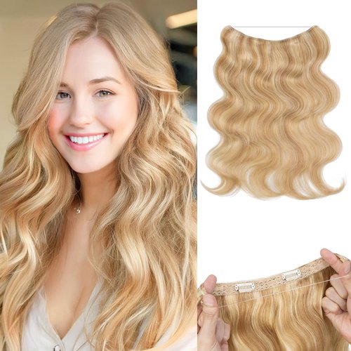 SEGO Pro Halo Hair Extensions Real Human Hair Wavy Invisible Wire Hairpiece Adjustable One Piece With 2 Secure Clips For Women to Add Length,12inch Gold Blonde Mixed Bleach Blonde,55g