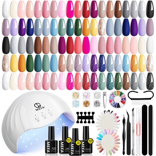 MEFA 56 Pcs Gel Nail Polish Kit with U V Light 48W Nail Dryer, 32 Colors Nude Pink Gel Nail Polish Set with Base and Matte/Glossy Top Coat Nail Art Decorations Manicure Tools DIY Salon Gifts