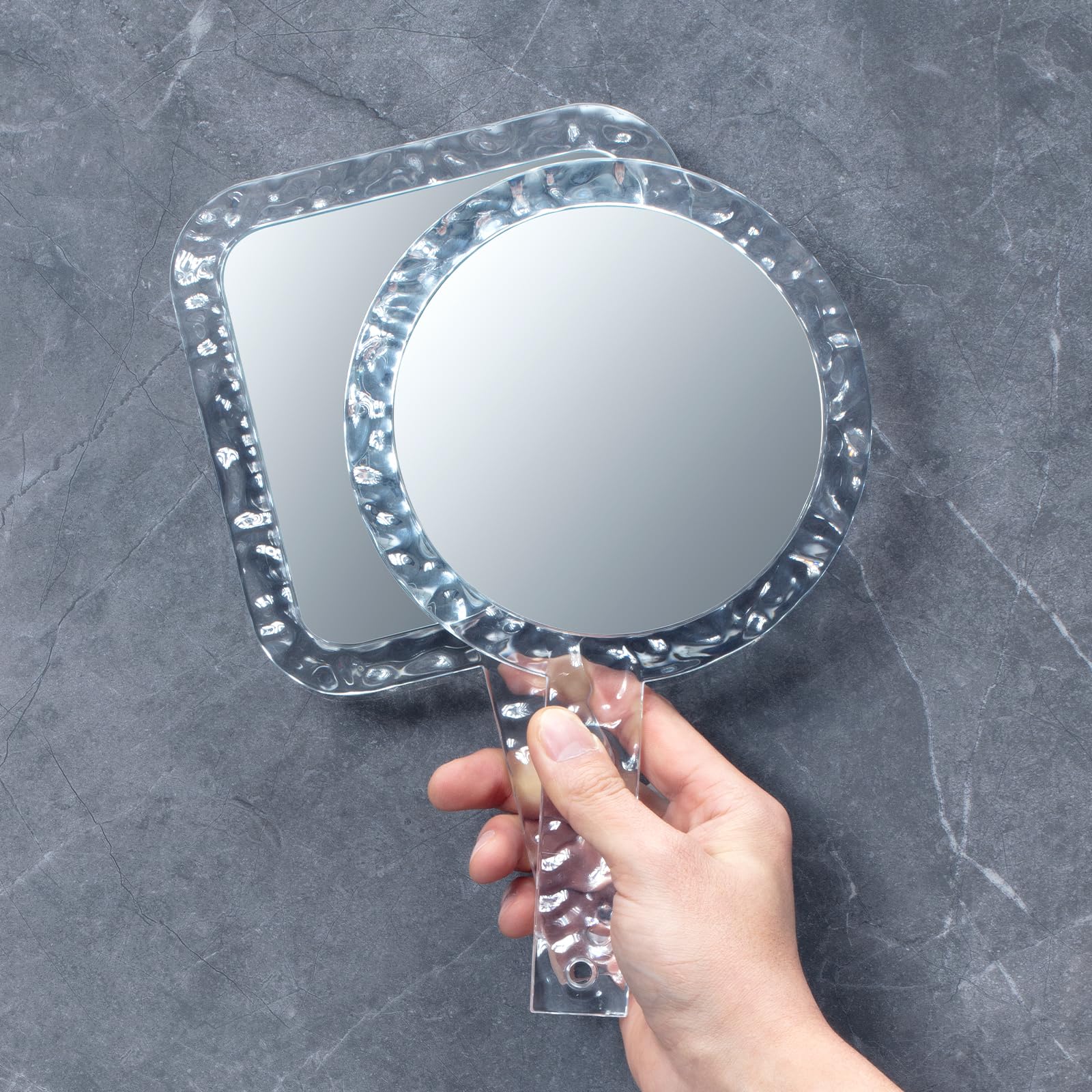 YEAKE Hand Mirror,Double-Sided Handheld 1X/5X Magnifying Mirror with Handle, Handle Makeup Mirror,Acrylic, 6.1" W x 10" L, Rounded Shape, Clear 1 PC