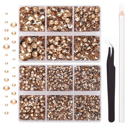 AUREHEN 10000PCs 2-6MM Champagne Resin Flat Back Rhinestones, Round Non Hotfix Resin Rhinestones Nail Gems Stones with Tweezer & Picker Pen for Tumblers Nail Art & DIY Decoration