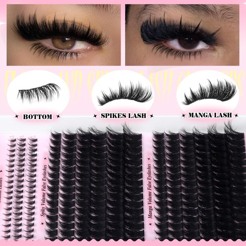 PVDKIW Fluffy Lash Clusters Kit with Bottom Lashes Spikes Eyelashes Manga Eyelash Clusters 12-22MM Volume Lash Extension Kit with Bond and Seal Lash Glue Lash Tweezers DIY at Home for Beginner