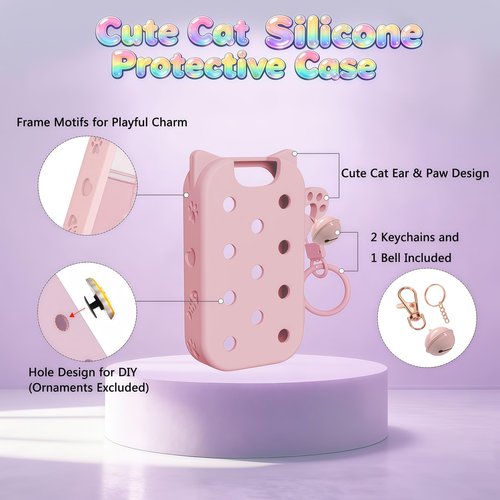 PeaKalo Cat Silicone Case for Touchland Hand Sanitizer Spray, Compatible with Power Mist Glow Mist 1 FL OZ/30ML for Touchland Case with 2 Keychains Cute Bell Portable Travel Accessory