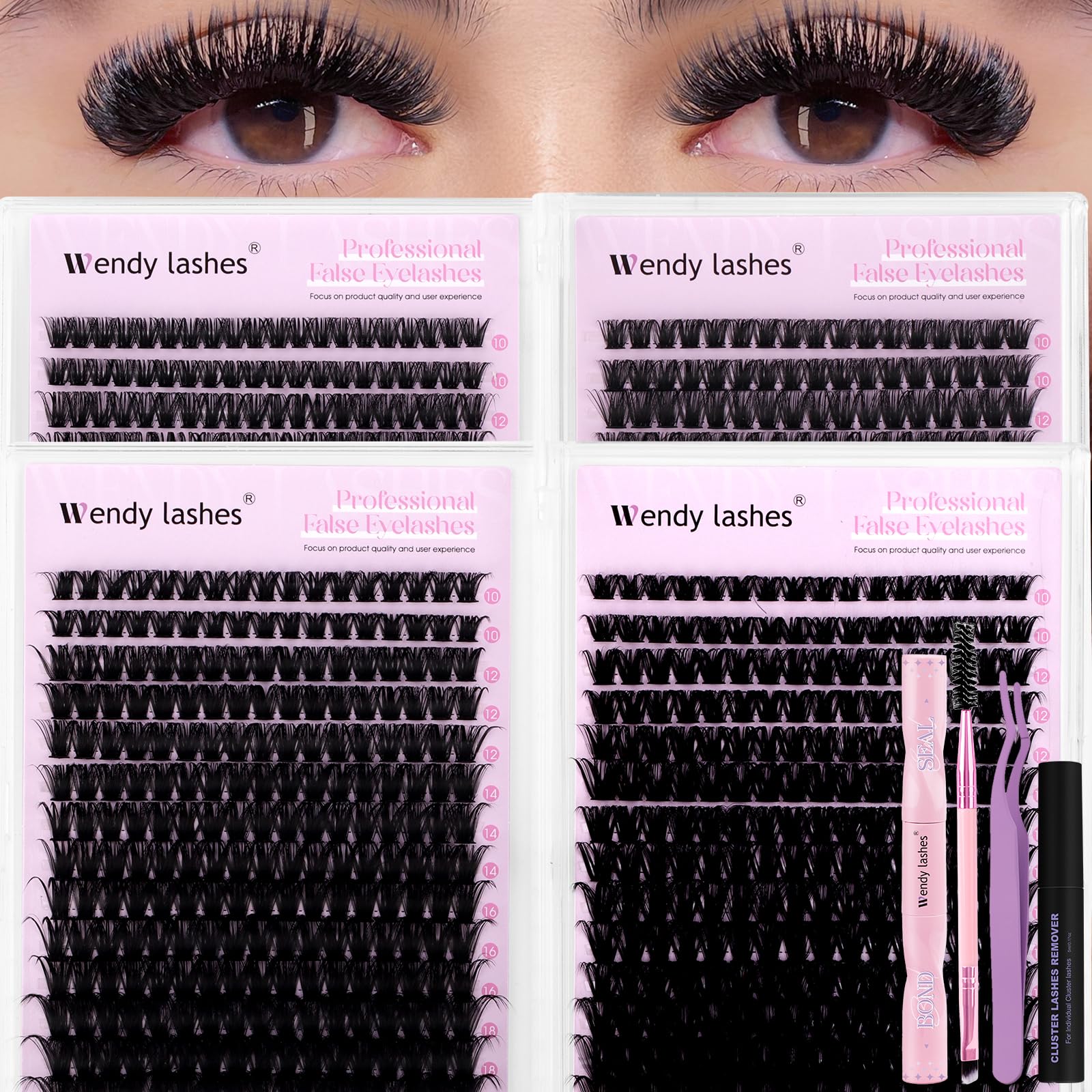 Wendy Lash Clusters Kit Packs: 980-Pcs, 60D, 80D, 80D, 100D, D Curl, 10-18mm Mixed, Cat Eye, Soft, Natural, Fluffy, DIY Eyelash, Individual, Eye lash clusters, Bulk Pack