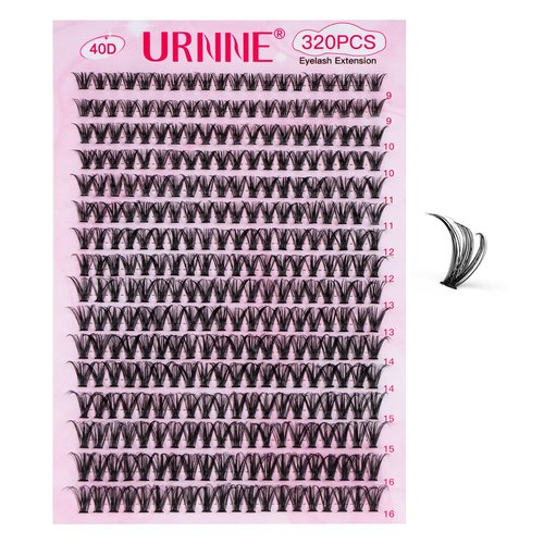 URNNE Lash Extension Kit, 320Pcs Lash Clusters, 40D Lash Clusters Kit, 9-16 mm Individual Cluster Eyelash Extensions with Lash Bond and Seal, Remover, Lash Tweezer DIY Lash Extensions at Home
