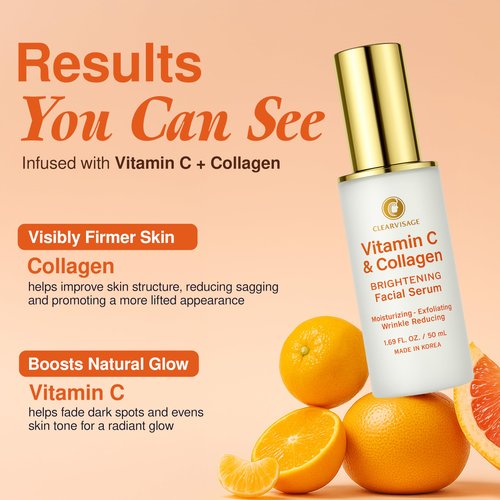 Clear Visage Vitamin C Serum For Face with Collagen – Dermatologist Tested, Anti Aging, Korean Skin Care – Fades Look of Dark Spots, Smooths Fine Lines, Firms & Hydrates – Clean Beauty – 1.69 Fl. Oz