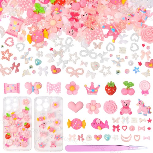 330 Pcs Junk Case Charm Kit, Bear Candy Cartoon Junk Phone Case Charm, Pink White Moon Star Pearls for Junk Cases, Flatback Resin Slime Charms for Nail Art Supplies Craft DIY