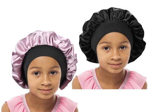 SENGTERM Kids Satin Bonnet Double Layer Wide Elastic Band Sleep Cap Hair Bonnet Silky Night Cap for Toddler Child (Kids Black&Pink)