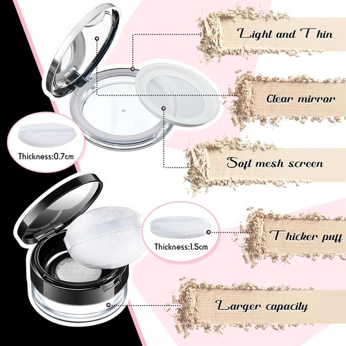 Cunhill Loose Powder Container Set - Reusable Plastic Cases with Puff & Mirror | 0.17/0.7 oz, Silver & Black