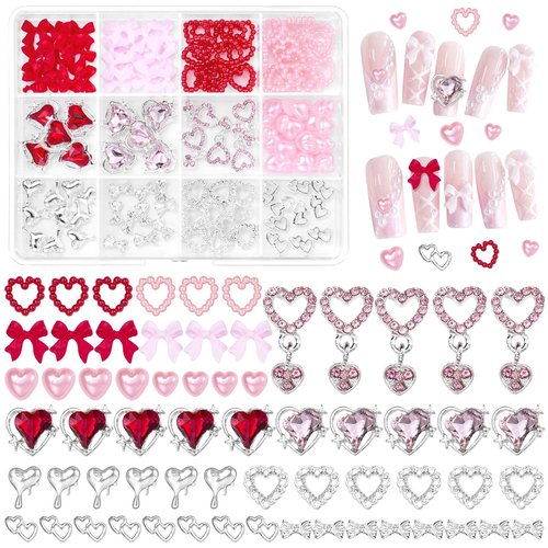 Valentine's Day Nail Charms，Pink Colors Red Bows Hollow Rhinestones for Acrylic Nails , 3D Dangle Heart Nails Charm, Bowknot Heart Silver Y2K Jewelry Charms for Nail Art DIY