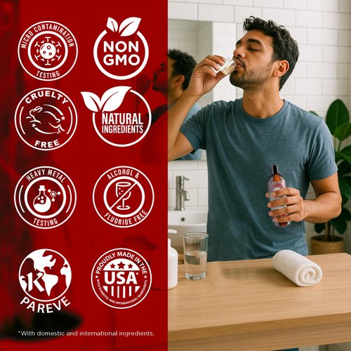 GuruNanda Cinnamon Oil Pulling Mouthwash, Promotes Calmness, with Neem & Ashwagandha for Fresh Breath & Happy Gums, Alcohol-Free, with Toothbrush & Tongue Scraper, 3X8 Oz