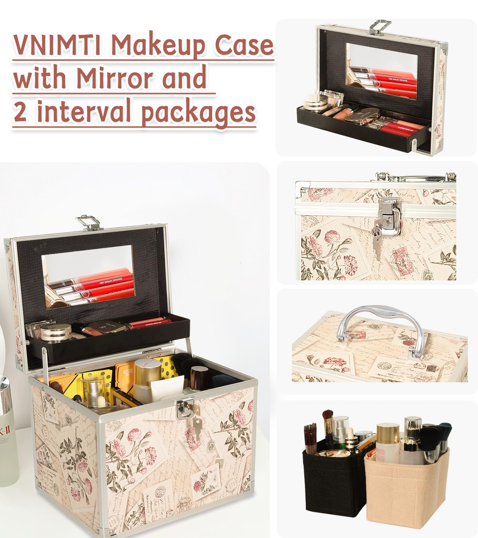 VNIMTI Makeup Train Case, Portable Makeup Box with Mirror, Cosmetic Storage Box for Women with Trays, Makeup Box Organizer (Vintage Stamp - Box -Size L)