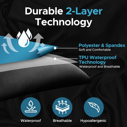 Black Waterproof Pillowcase Protector Set of Two | Safe with Oil, Water-Based, & Silicone-Based Massage Products | Hypoallergenic, Noiseless, Machine Washable