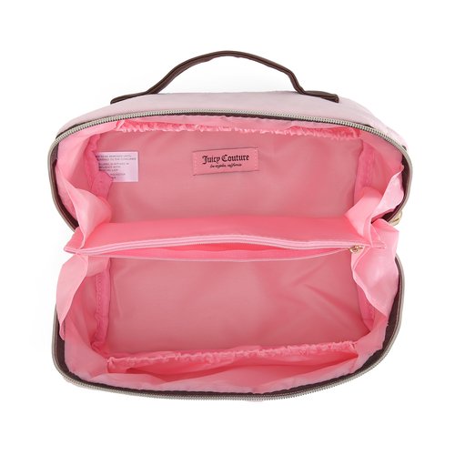 Juicy Couture Pink Brown Makeup Bag Cosmetics Organizer Travel Essentials Cross Zip Velour Rhinestone Brown Handle