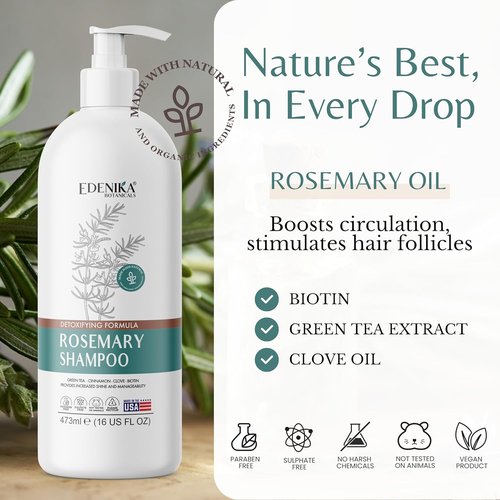 Edenika Botanicals Rosemary Oil Shampoo - Biotin Formula for Thinning Hair, Sulfate-Free, 16 fl oz