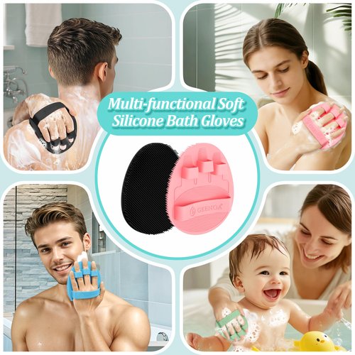 GEENOA Upgrade Silicone Bath Glove 2PCS, 360° Anti-Slip & Enlarged Silicone Body Scrubber for Rich Foam Deep Cleaning, Revolutionary No-Grip & Hand-fit Shower Scrubber for All Skin Types(Black+Pink)