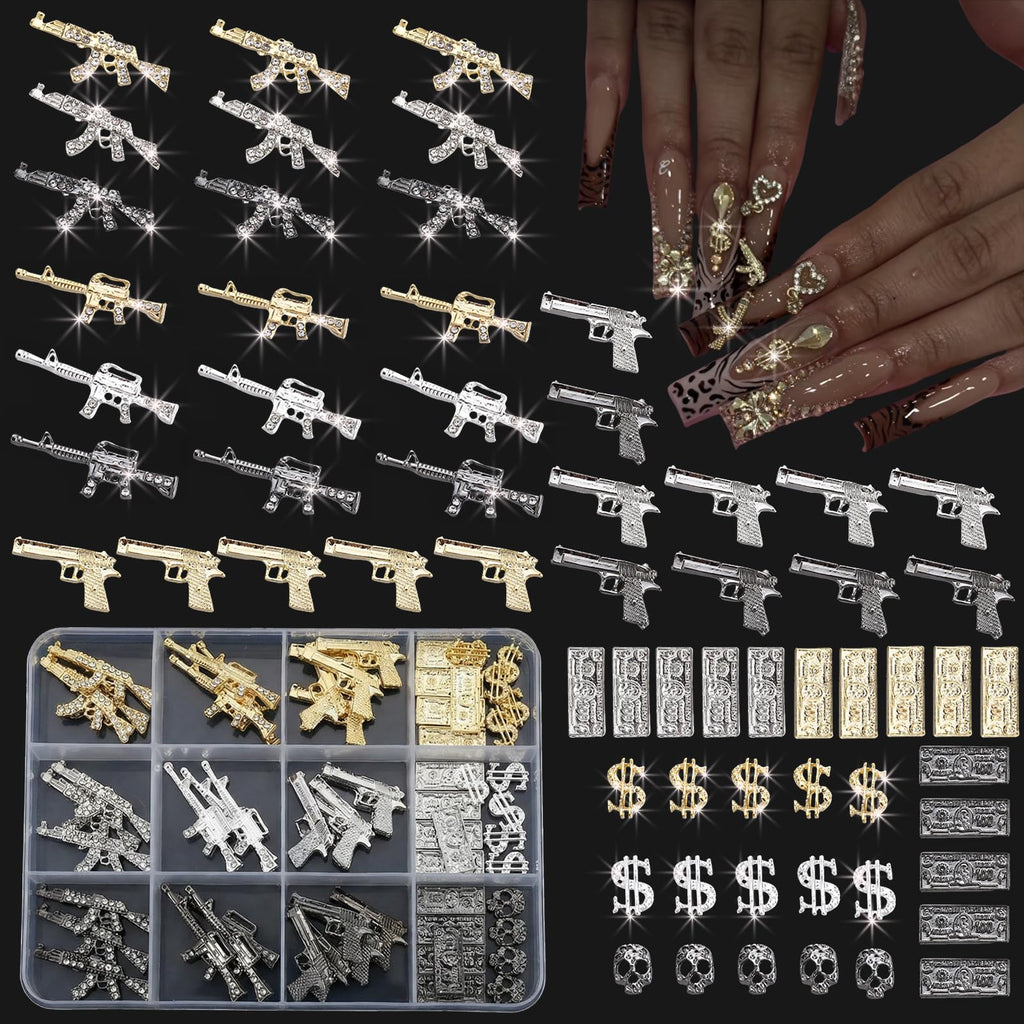 ZUMILLMN 63PCS 3D Nail Charms - Gold Alloy Dollar, Gun & Coin Charms, Shiny Nail Rhinestones for Nail Art, Manicure, DIY Jewelry Making(Gold、Silver、Black)