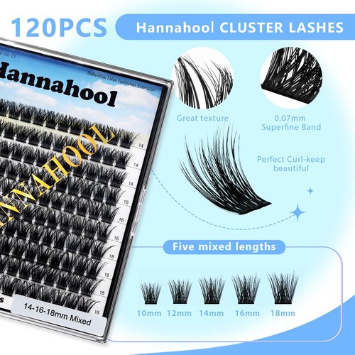 Hannahool 120pcs D Curl Individual Wide Stem Cluster DIY Eye Lashes Extensions Mixed 10-12-14-16mm/14-16-18mm/12-14-16mm Makeup Dramatic Volume Lashes (Lashes kit -mixed 10-12-14-16mm)