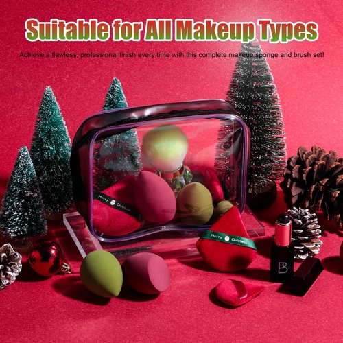 BS-MALL 14 Pcs Portable Makeup Sponge Set With Diamond-shaped Kabuki Powder Brush - Makeup Sponge, Triangle Puff And Multi-functional Sponges For Liquid, Cream,With Travel Case (Green Red)