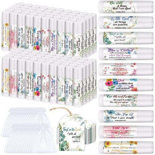 Sacubee 100 Set Christian Religious Gift Bulk for Women Mom Christian Lip Balm Bulk Church Party Favor Bible Verse Lip Balm with Scripture Inspirational Gift for Mother's Day Coworker Staff Employee