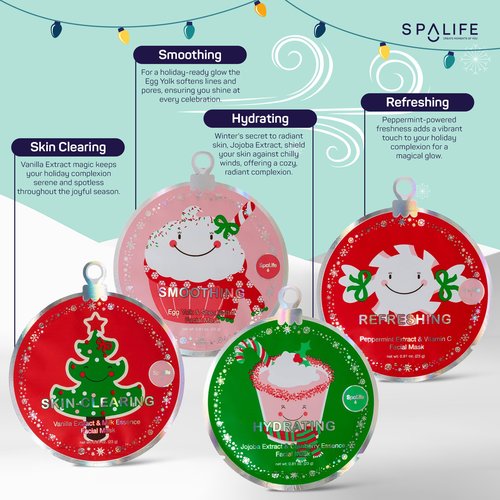 SpaLife Beauty Stocking Stuffers Christmas Face Mask Bundle | Korean Facial Masks | Hydrating, Smoothing, Refreshing and Clarifying Sheet Mask Set | Christmas Stocking Stuffers for Women | 12 Pack