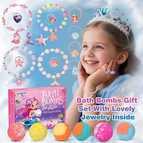 Girls Bath Bombs with Toys Inside for Kids, 12 Pcs Natural Mermaid Princess Bubble Bath Bomb with Jewelry Surprise Inside, Christmas Easter Basket Stuffer Valentines Day Birthday Gift Set
