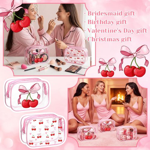 Kacctyen 10 Pcs Pink Cherry Bow Makeup Bags Bulk Gifts for Girl Women Birthday Party Favors Coquette Pastel Bow PVC Clear Cosmetic Bags Waterproof Travel Toiletry Pouch for Party Favors
