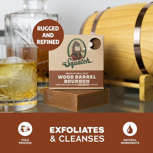 Dr. Squatch Natural Men’s Bar Soap - Cold Process Body Soap Bar with Natural Oils - Gifts for Men - Wood Barrel Bourbon (5 oz, 3-Pack)