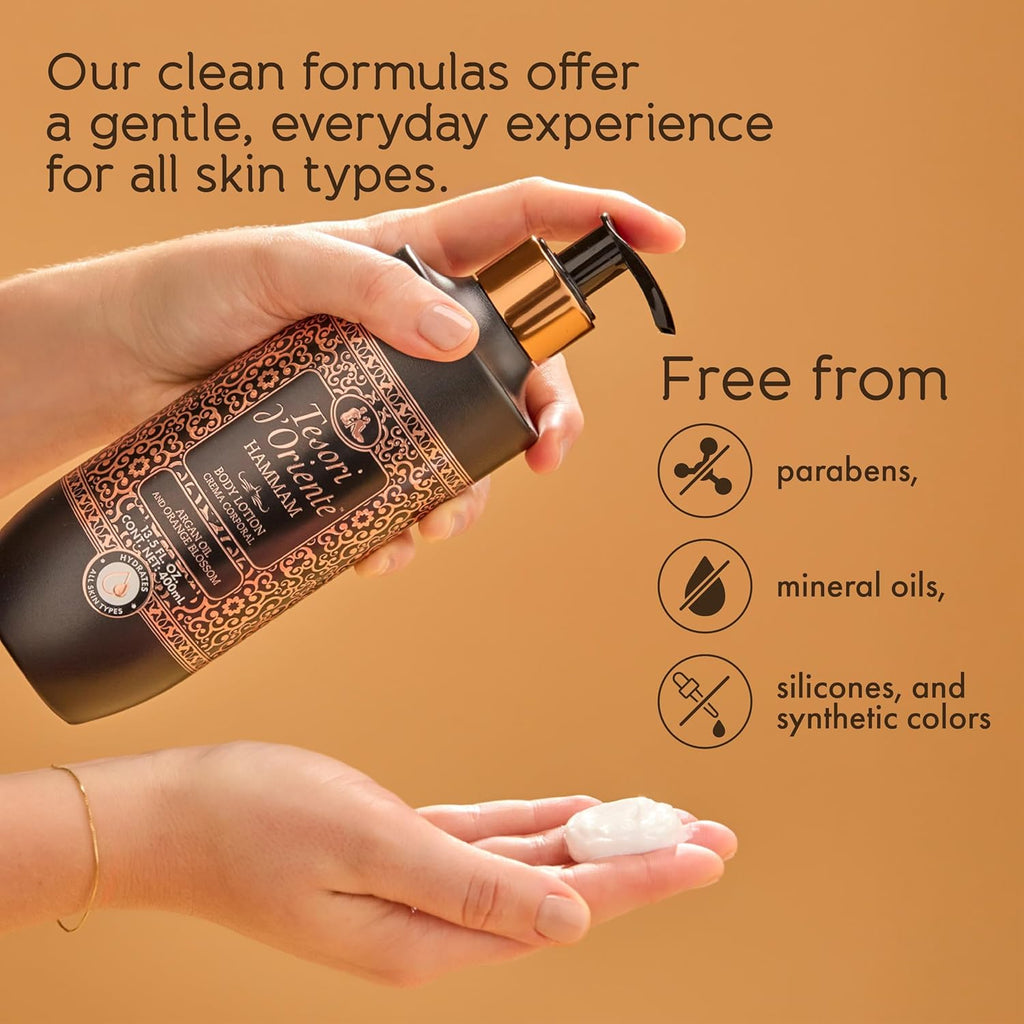 Tesori d’Oriente Hammam Body Lotion - Fast-Absorbing Daily Moisturizer with Argan Oil | 13.5 fl oz, Orange Blossom Scent