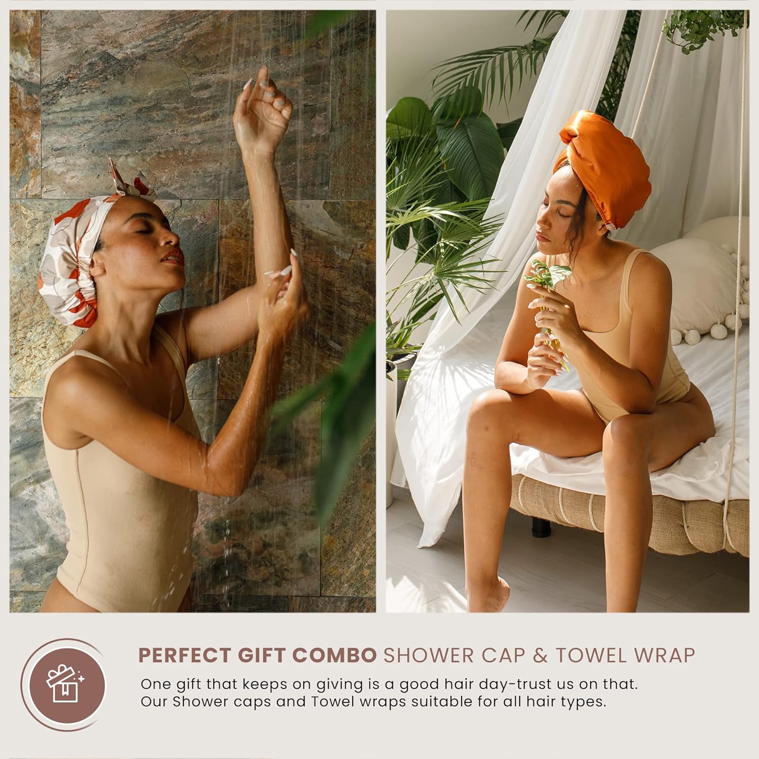 SMPL OBJECTS Luxury Waterproof Shower Cap for Long Hair - Fashionable Reusable Turban in Beige