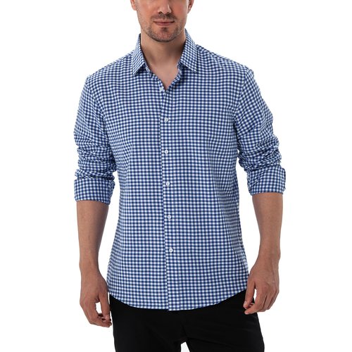 Manwan walk Men's Plaid Button Down Shirts Slim Fit Long Sleeve Casual Business Shirts Dark Blue XL