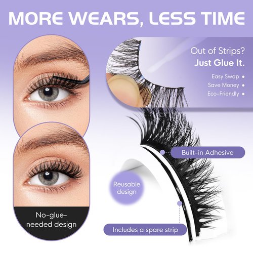 Self Adhesive Eyelashes, Natural Look Pre Glued No Glue Needed Reusable Press On Lashes False Eyelashes Wispy with Tweezer of Replacement Adhesive Strips 8-14mm 5 Pairs by WINKGIGGLE(H55)