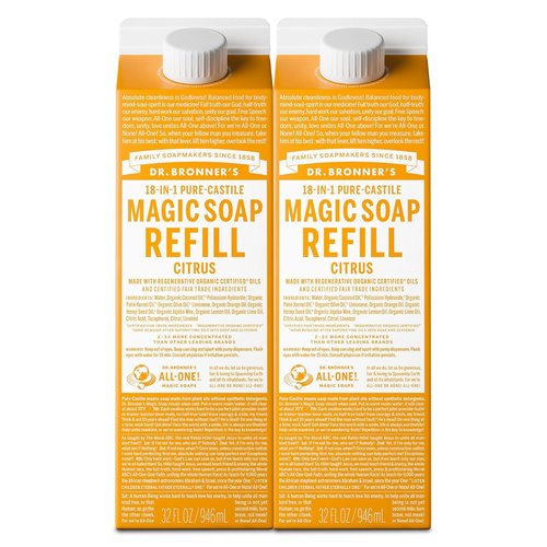 Dr. Bronner's Pure-Castile Liquid Soap Refill - Citrus, 32 oz, 2-Pack | Vegan & Non-GMO, Multi-Use Formula