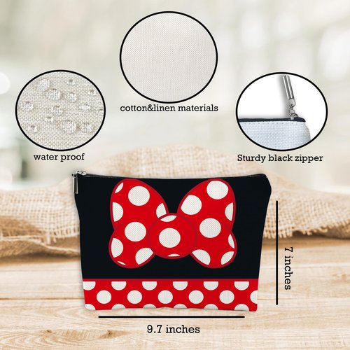 AMHGLW Makeup Bag For Woman,Makeup Bag Organizer,Cosmetic Pouch-Multifunctional Toiletry Bag-Red & White Speckle Bow Cartoon Print Canvas Zipper Cosmetic Bag-Gift For Family & Friends-A19