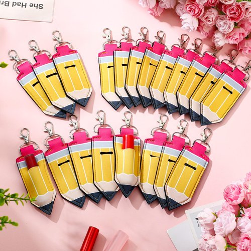 Abbylike 20 Pcs Lipstick Holder Keychain Lip Balm Holder Lipstick Keychain Bulk Pouch Portable Lip Balm Bag with Hook Back to School for Women Teacher Gift (Pencil)